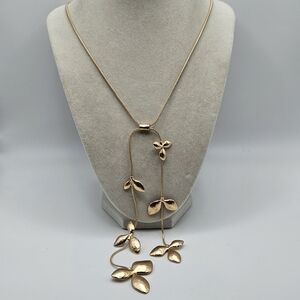Unique Matte Gold Tone Plated Leaf Lariat Y-Drop Sliding Necklace